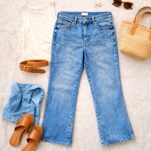 OAT New York High Rise Cropped Kick Flare Jeans Size 31 Medium Wash Denim